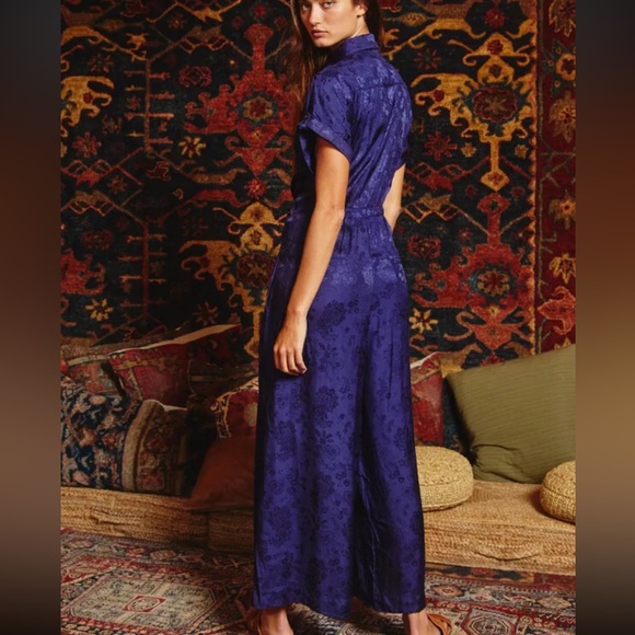 BUCKETLIST Clothing Women's Front Tie Button Down Jumpsuit Jacquard Navy L - Picture 2 of 11